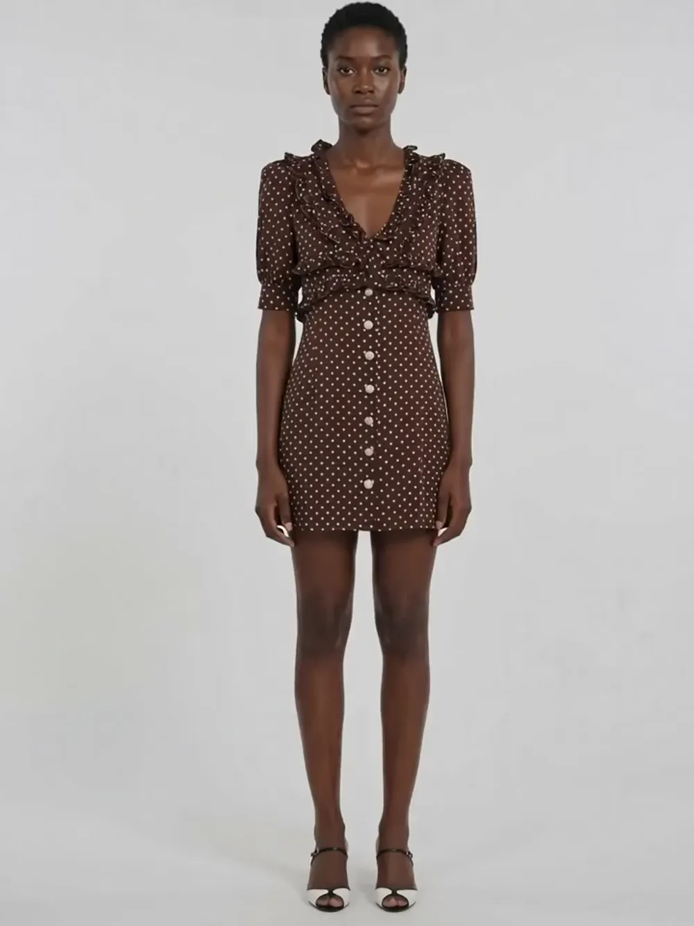 yves mini dress brown polka Alessandra Rich Ruffled polka-dot | Color:As picture Ivory Adjustable straps allow for Style:IPJ3613D Beach Dresses Resort Wear