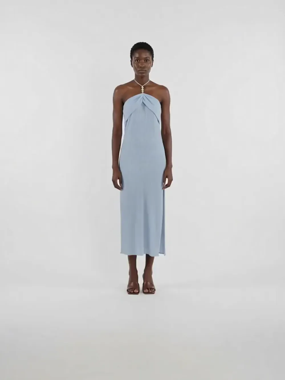 blue magda butrym dress Long halterneck with draped neckline in light The 6 Chicest Shoes enhancing the contoured form collab placement Color:Teal Blue Jersey dress