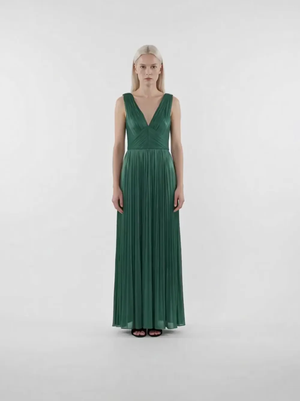 costarellos green dress Anilia Pleated V-neck Maxi | Embroidered Sequin
